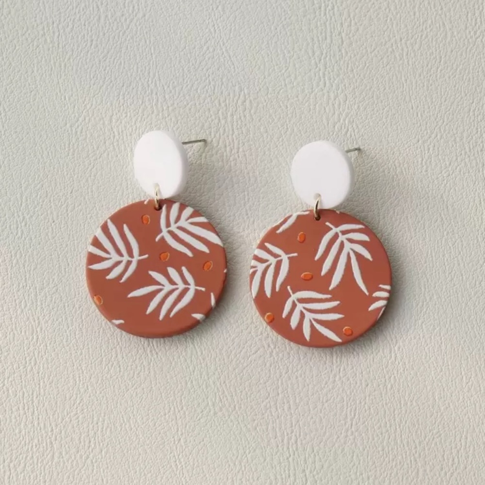 Brown and White Leaf Pattern Earrings